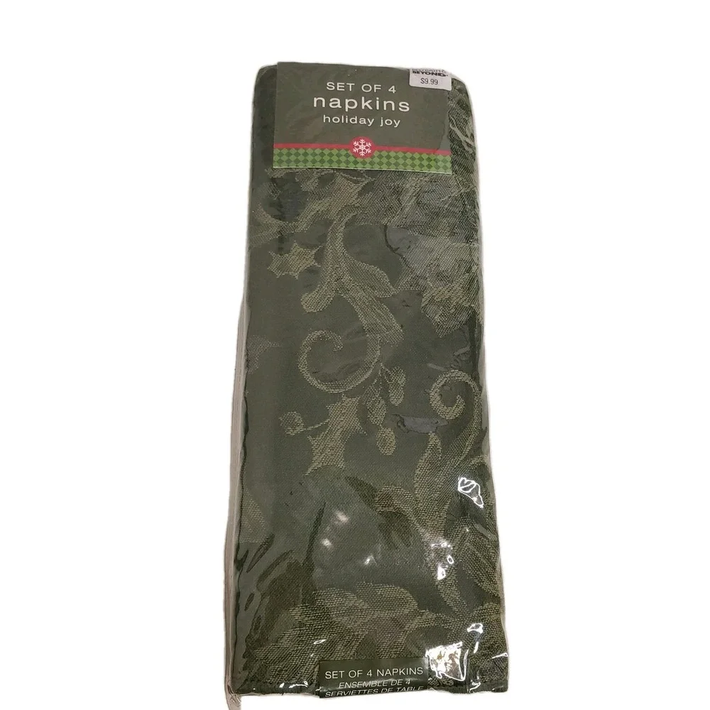 BED BATH & BEYOND HOLIDAY JOY Green Holly Christmas Cloth‎ Napkins Set Of 4